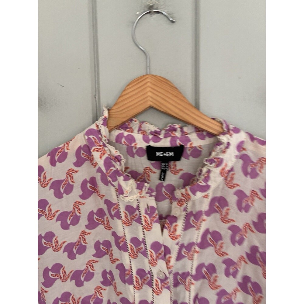 ME+EM Birds of Paradise Blouse 8 Purple White Silk Cotton Blend Button Front - Picture 4 of 7